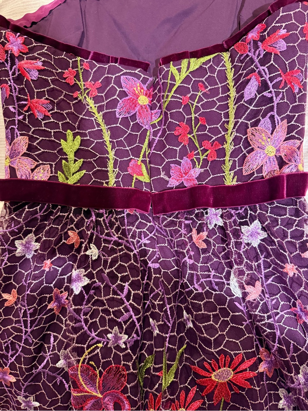 Marchesa Notte Floral Embroidered Purple Strapless Dress - Picture 6 of 7